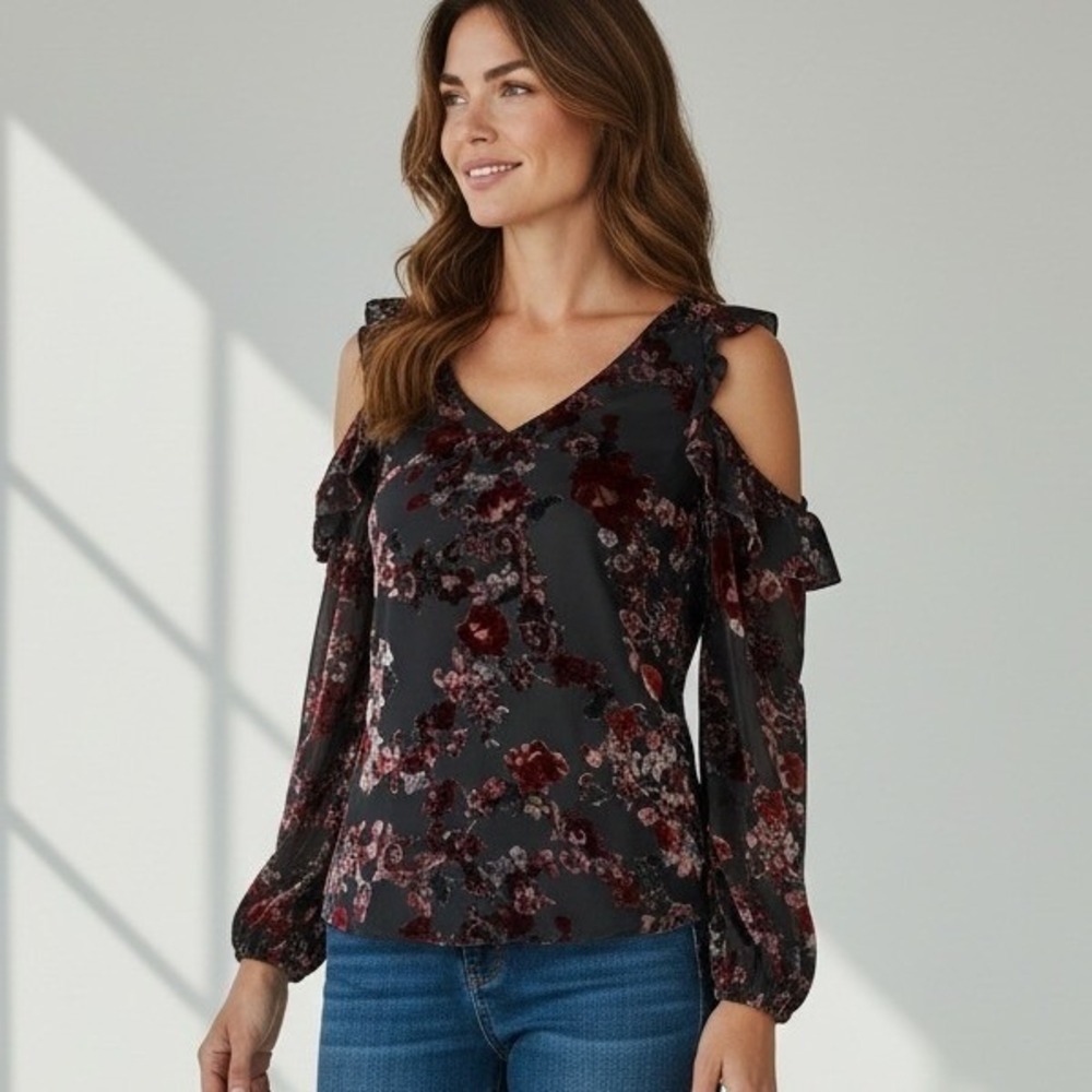 White House Black Market Burnout Velvet Floral Cold Shoulder Blouse Black 00 XS